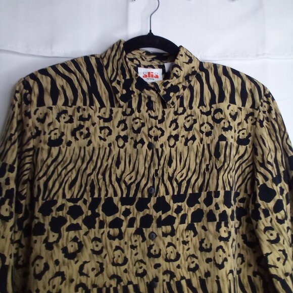 Alia Shirt Women 10P 10 Petite Button Up Long Sleeve Animal Print Brown Black - Picture 2 of 15